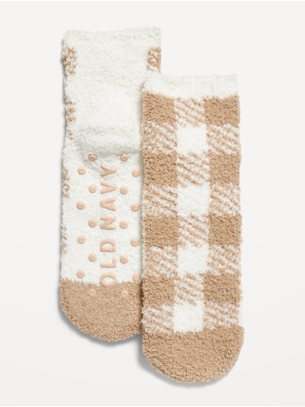 Old Navy Kids Fuzzy Plaid Slipper Socks Cream Tan Non Slip NWT